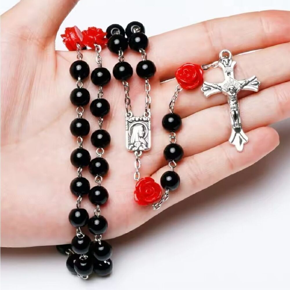 6MM Black Beaded Red Rose Rosary Necklace Women Chain Crucifix Cross Pendant